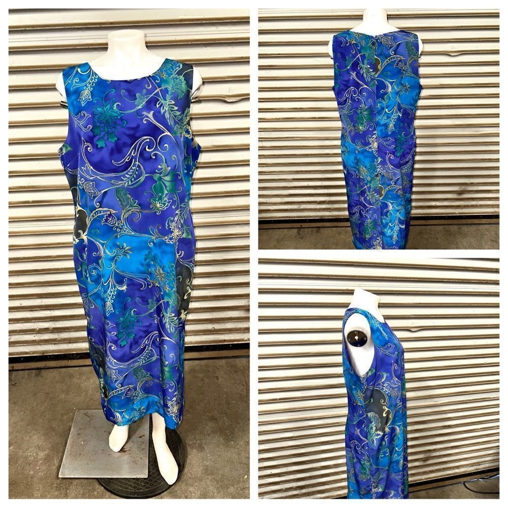 Vintage Koret sheath lined maxi dress shades of blue with gold accent floral